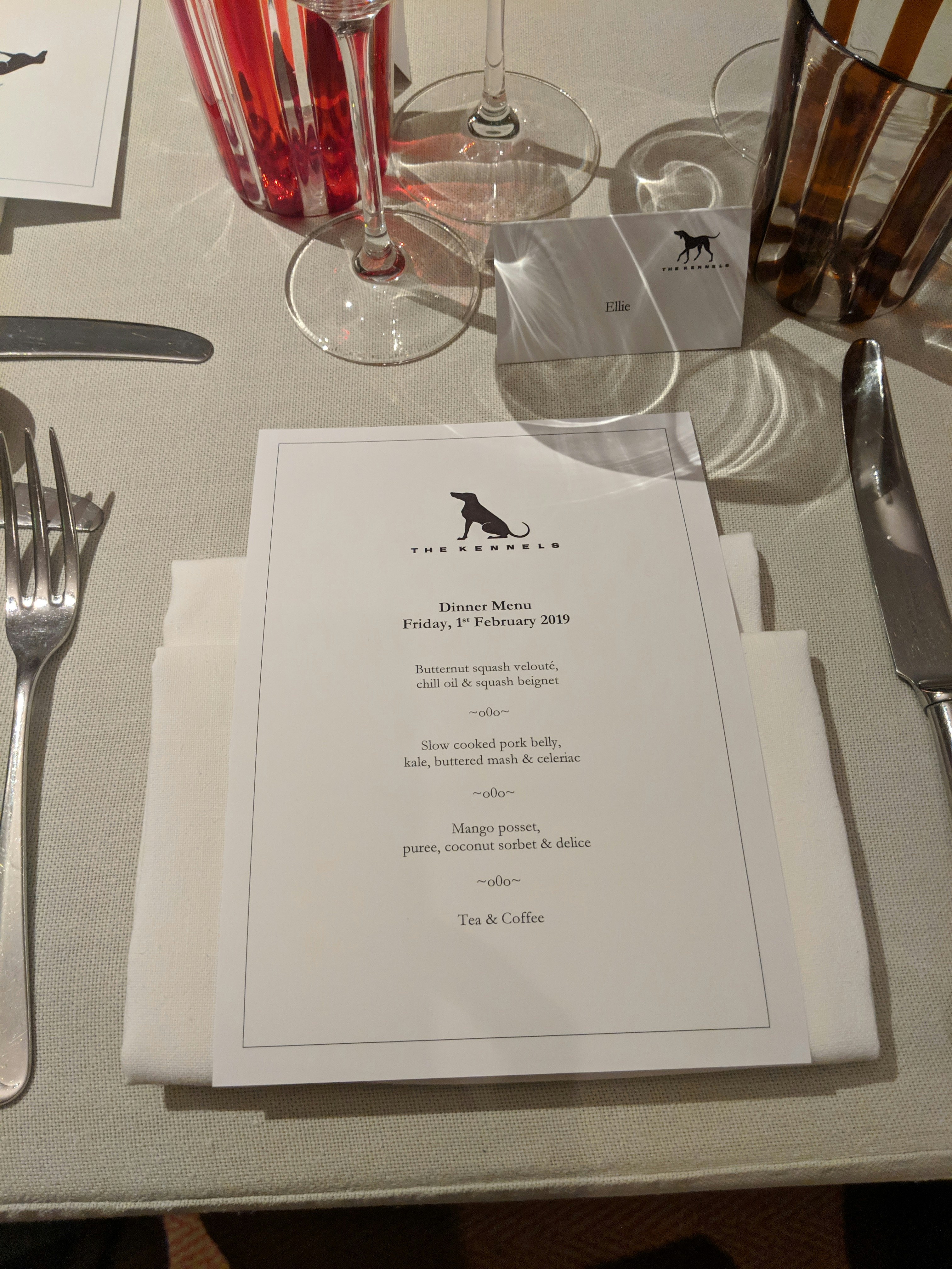 Delicious dinner menu at The Kennels at Goodwood Estate