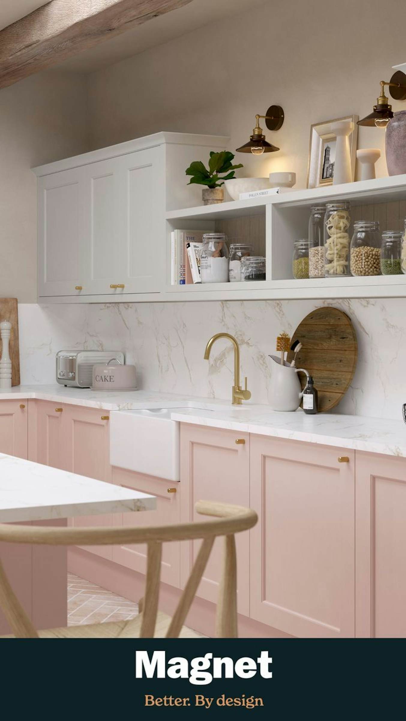 White marble kitchen, Pink kitchen cabinets