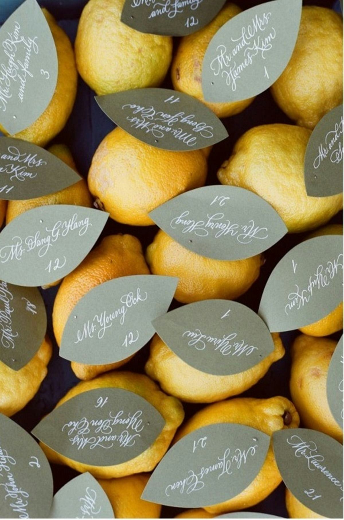 Lemons with named paper leaves